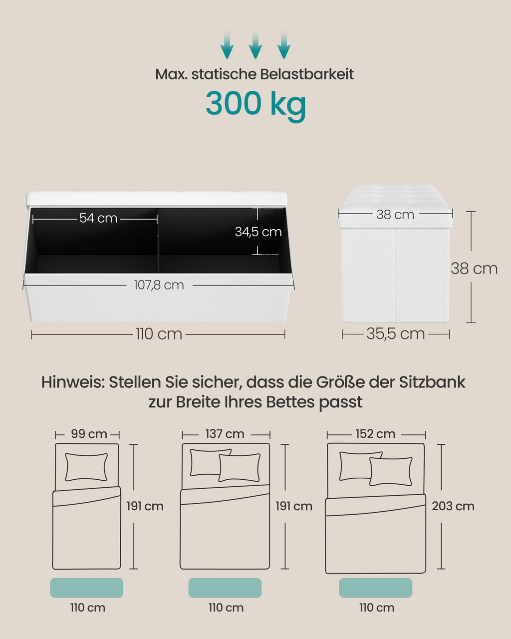 Polsterbank mit Stauraum 110 cm Weiß