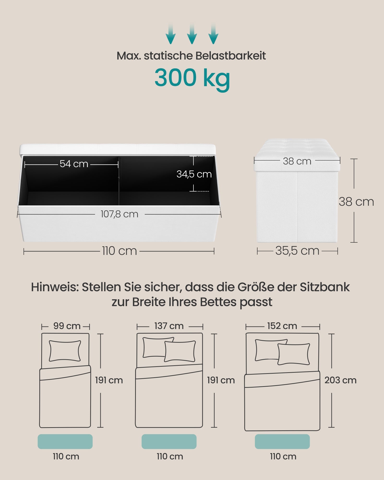 Polsterbank mit Stauraum 110 cm Weiß