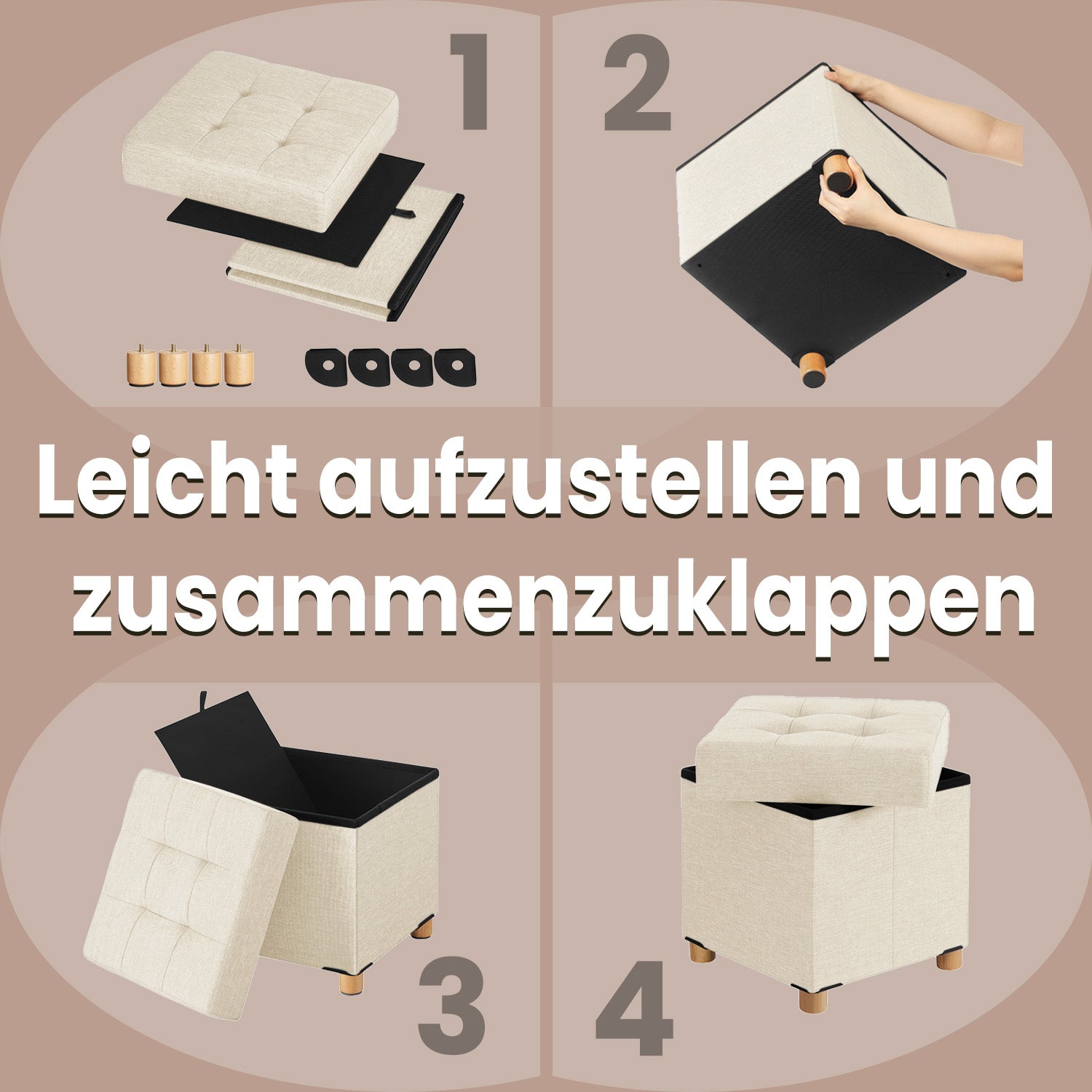 Sitzhocker mit Stauraum, kleine klappbare Sitzbank, 38 x 38 x 40 cm