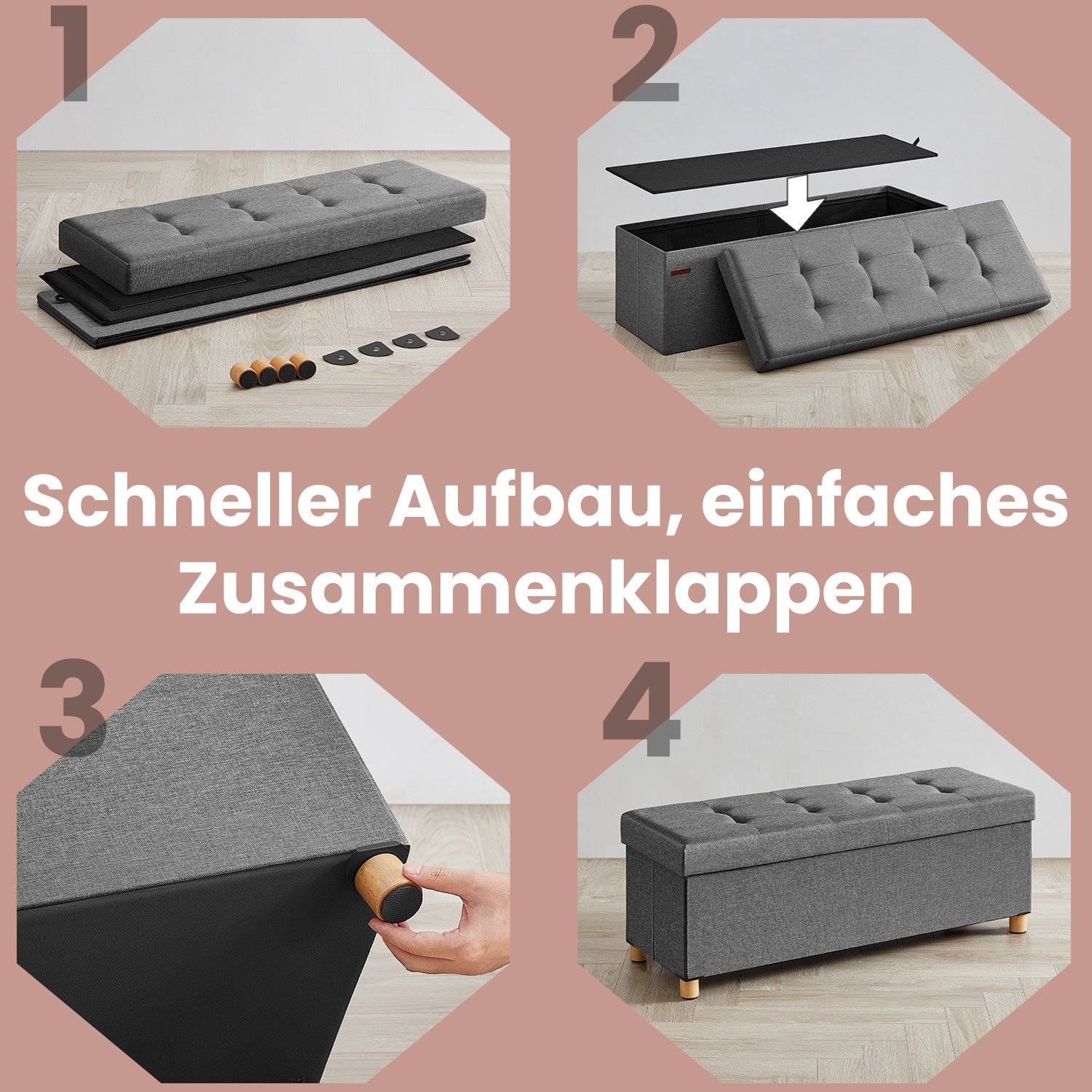 Sitzhocker, klappbare Sitzbank mit Stauraum, Beinen