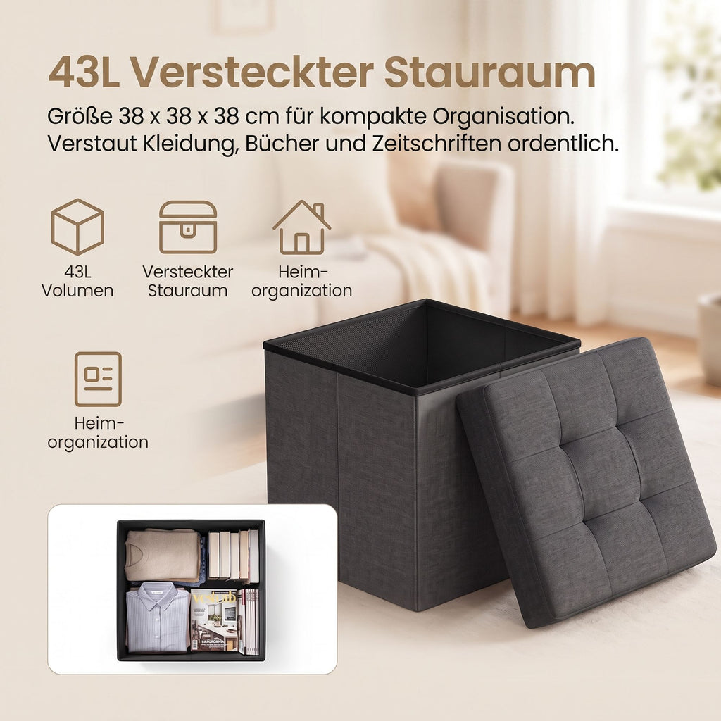 Sitzhocker mit Stauraum, kleine klappbare Sitzbank, 38 cm Fußbank