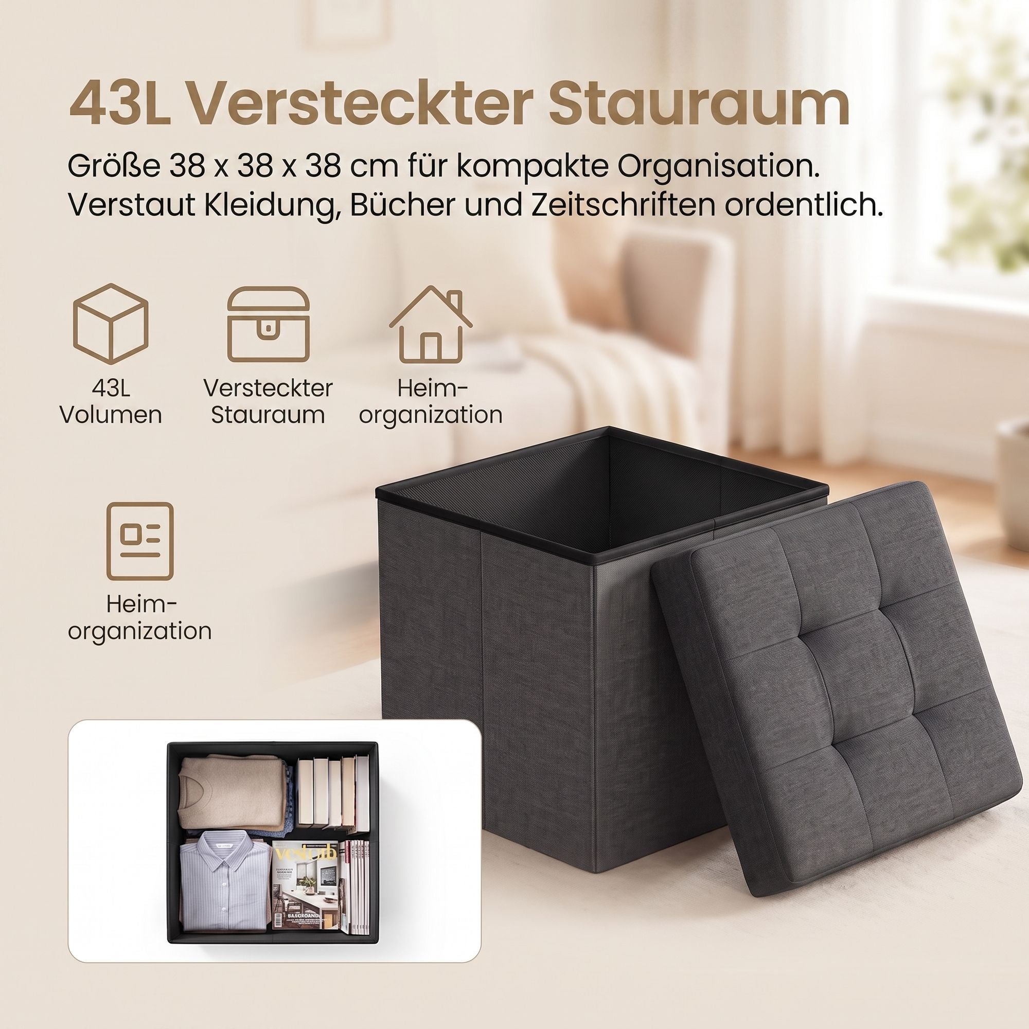 Sitzhocker mit Stauraum, kleine klappbare Sitzbank, 38 cm Fußbank