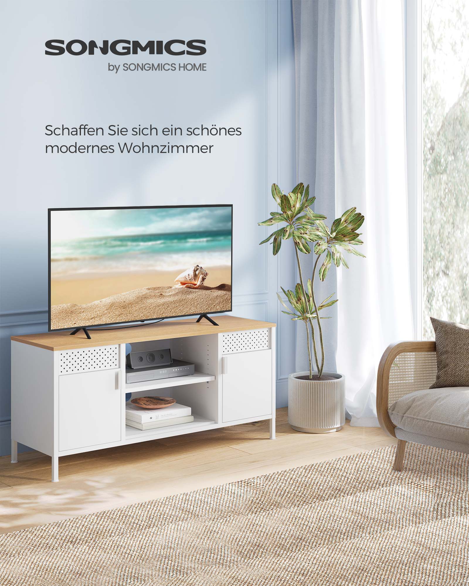 TV-Schrank 120 cm lang mit Türen und 3 verstellbaren Ablagen