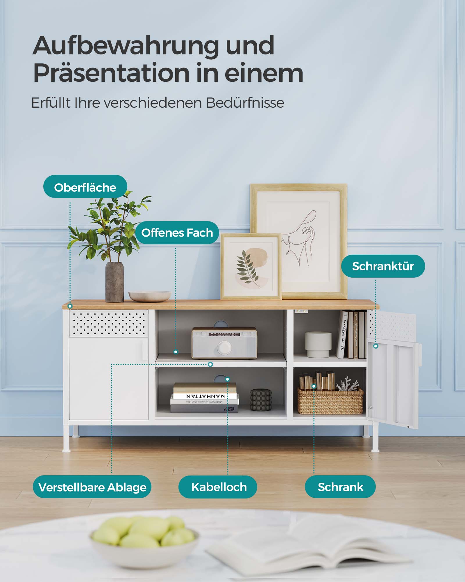 TV-Schrank 120 cm lang mit Türen und 3 verstellbaren Ablagen