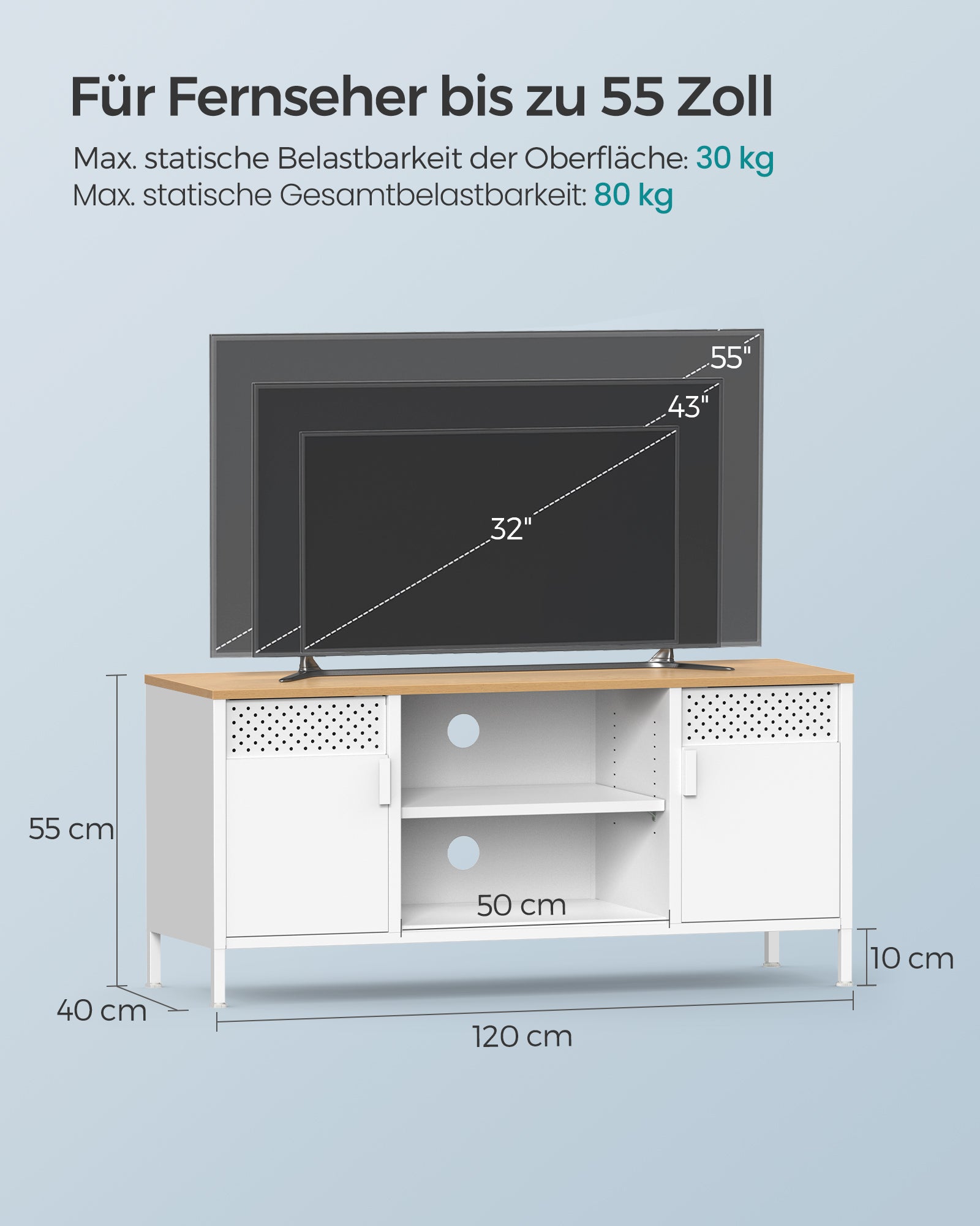 TV-Schrank 120 cm lang mit Türen und 3 verstellbaren Ablagen