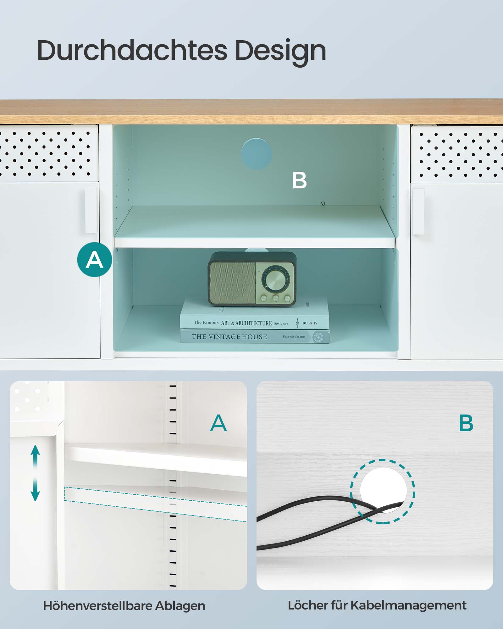 TV-Schrank 120 cm lang mit Türen und 3 verstellbaren Ablagen