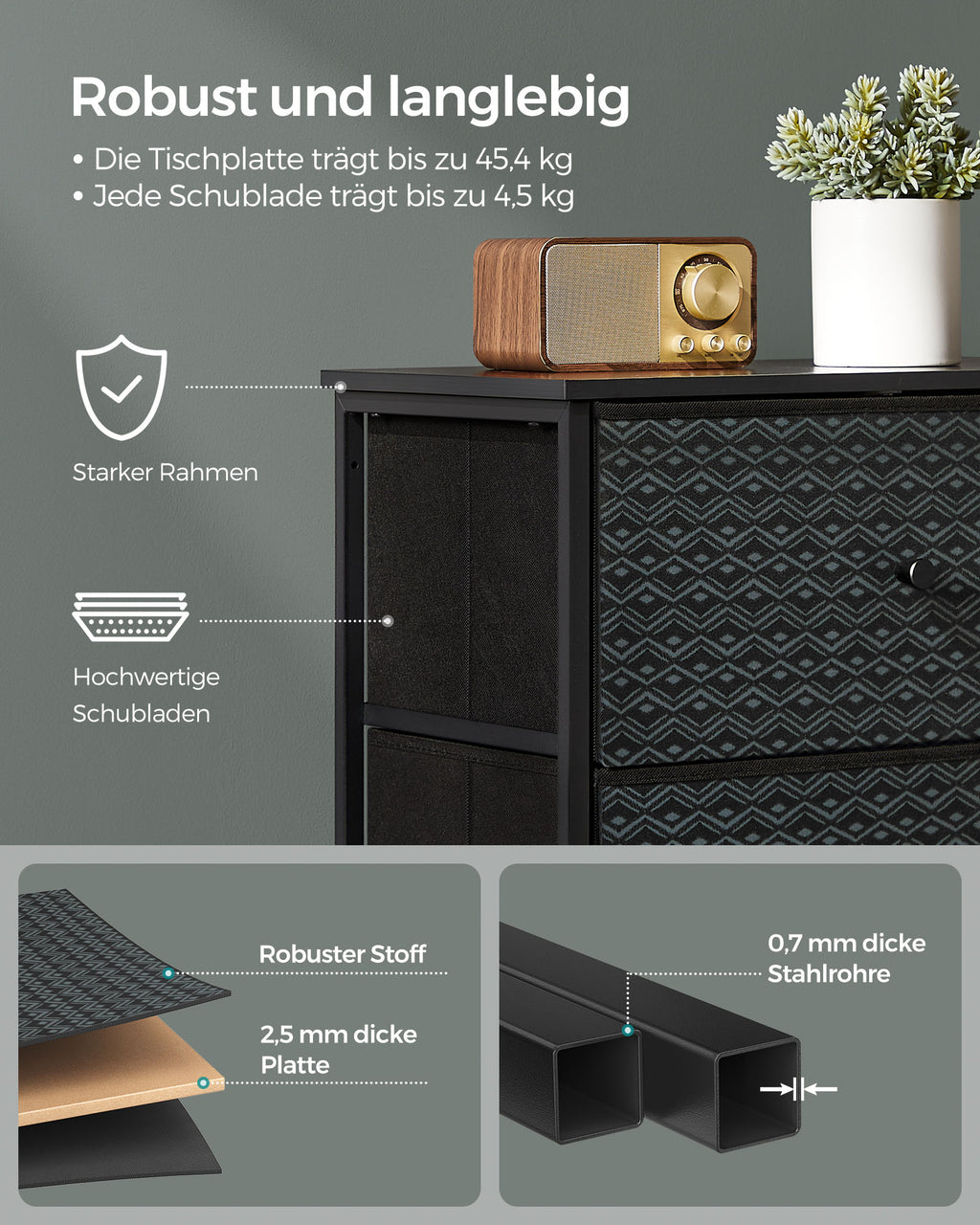 Wäschekommode mit 4 Stoffschubladen