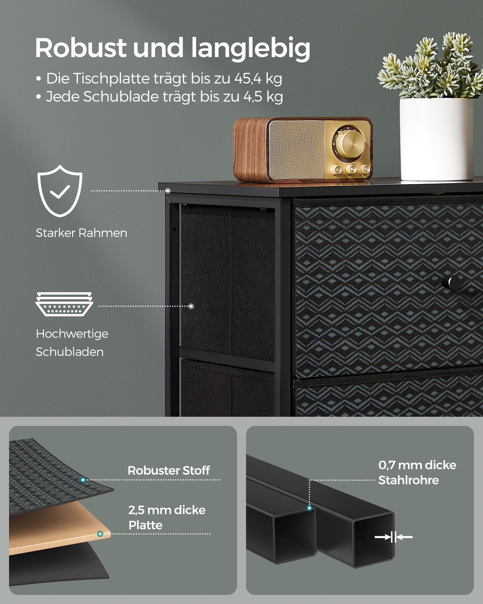 Wäschekommode mit 4 Stoffschubladen