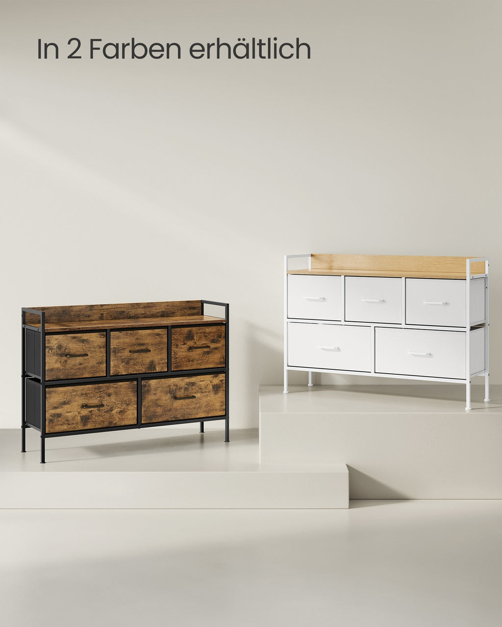 Kommode mit 5 Stoff-Schubladen vintagebraun-tintenschwarz