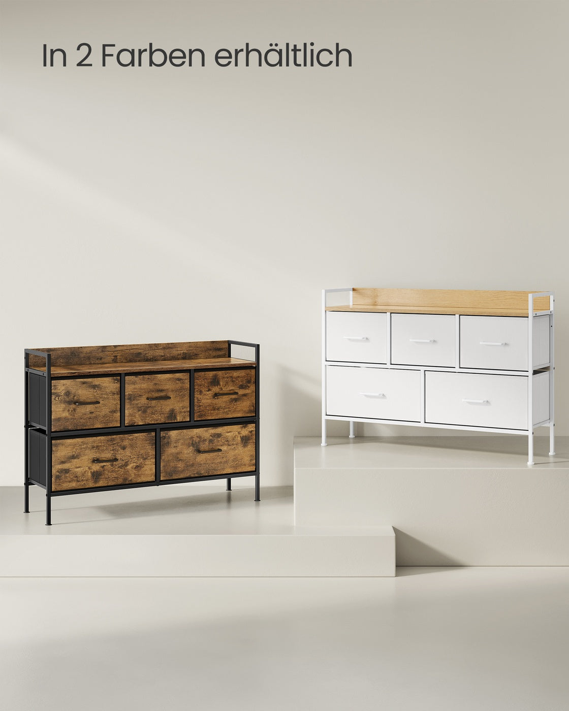 Kommode mit 5 Stoff-Schubladen vintagebraun-tintenschwarz