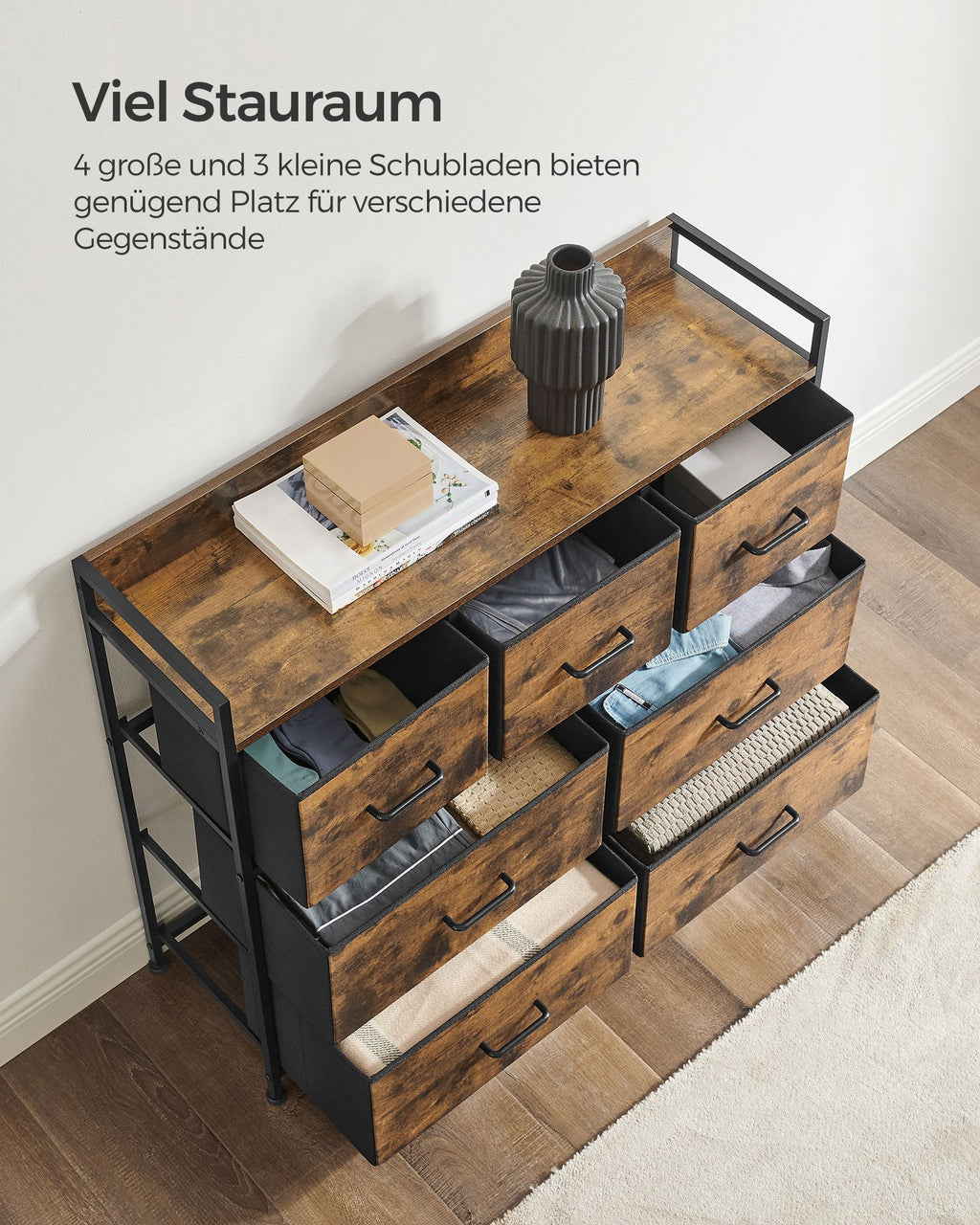 Industrie-Design Kommode mit 7 Stoffschubladen