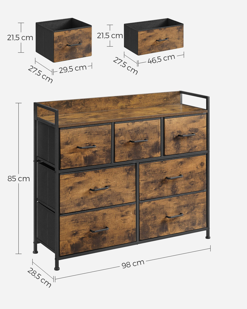 Industrie-Design Kommode mit 7 Stoffschubladen