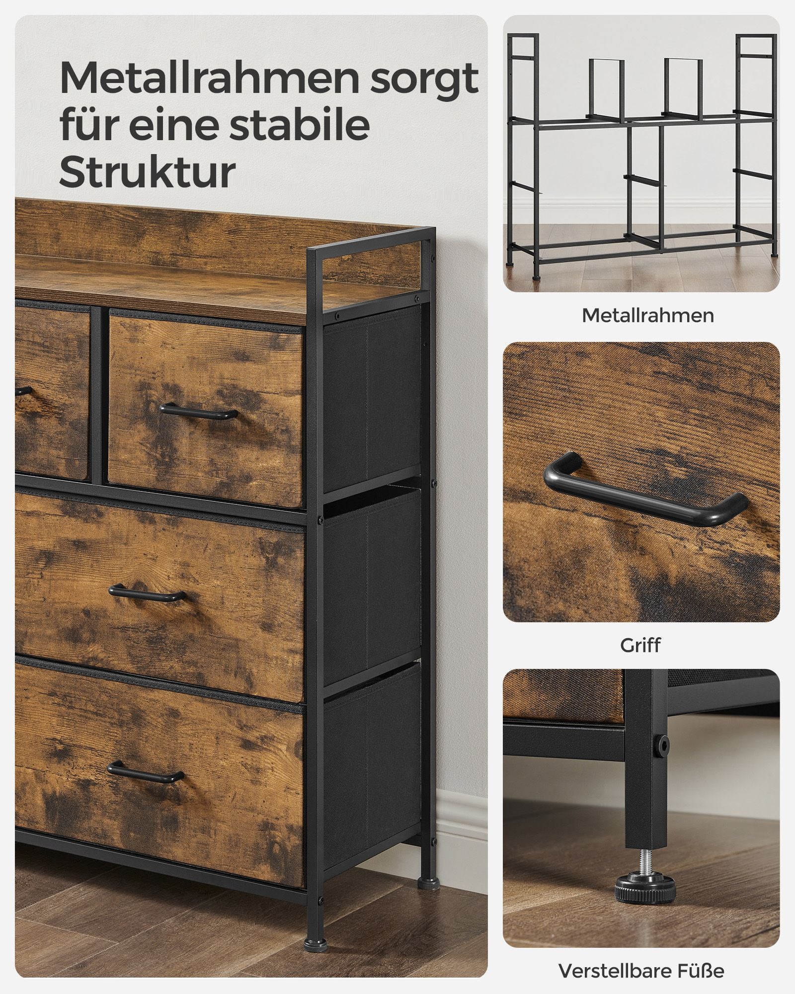 Industrie-Design Kommode mit 7 Stoffschubladen