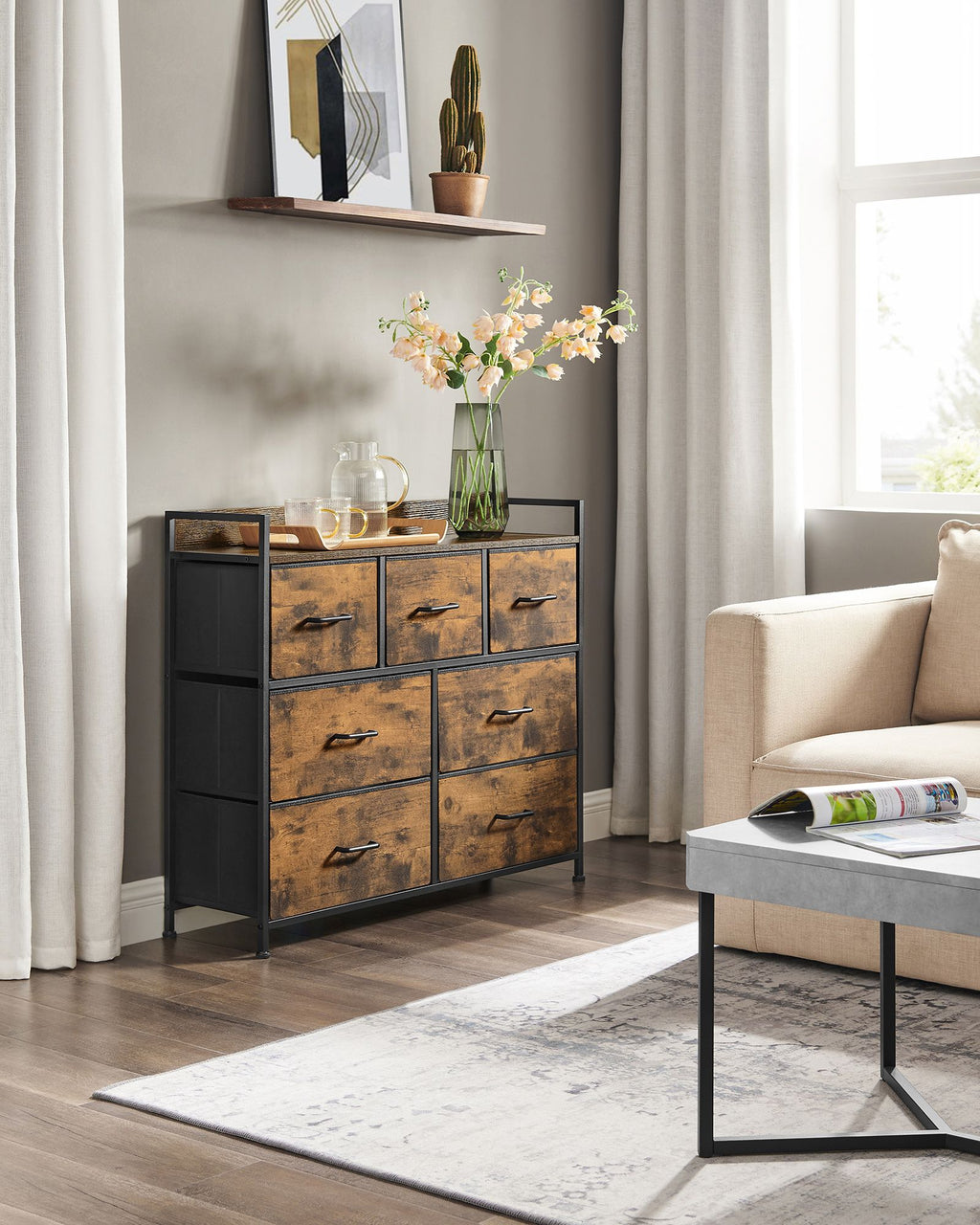 Industrie-Design Kommode mit 7 Stoffschubladen