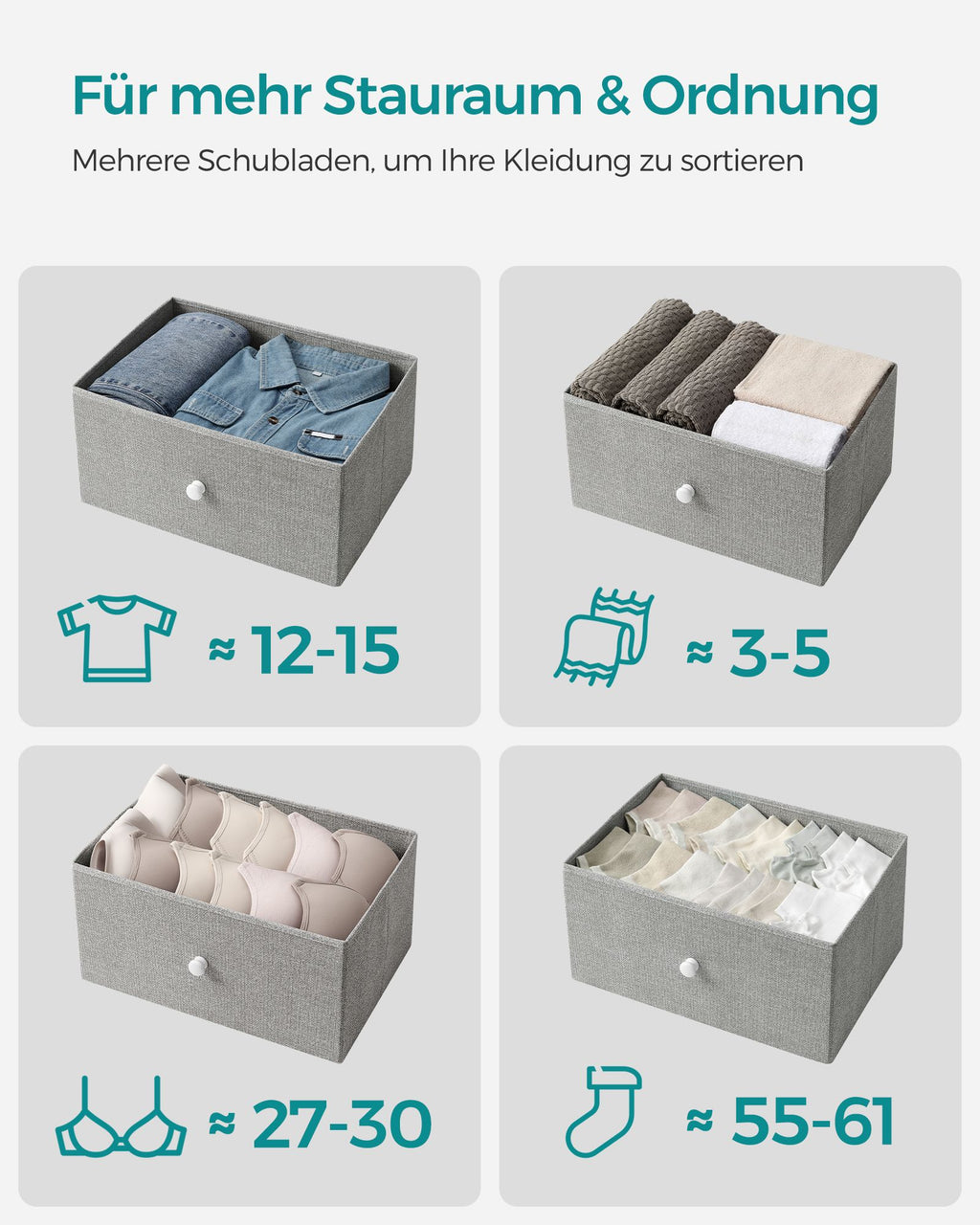 Kommode mit 4 Stoff-Schubladen und Metallrahmen hellgrau-weiß