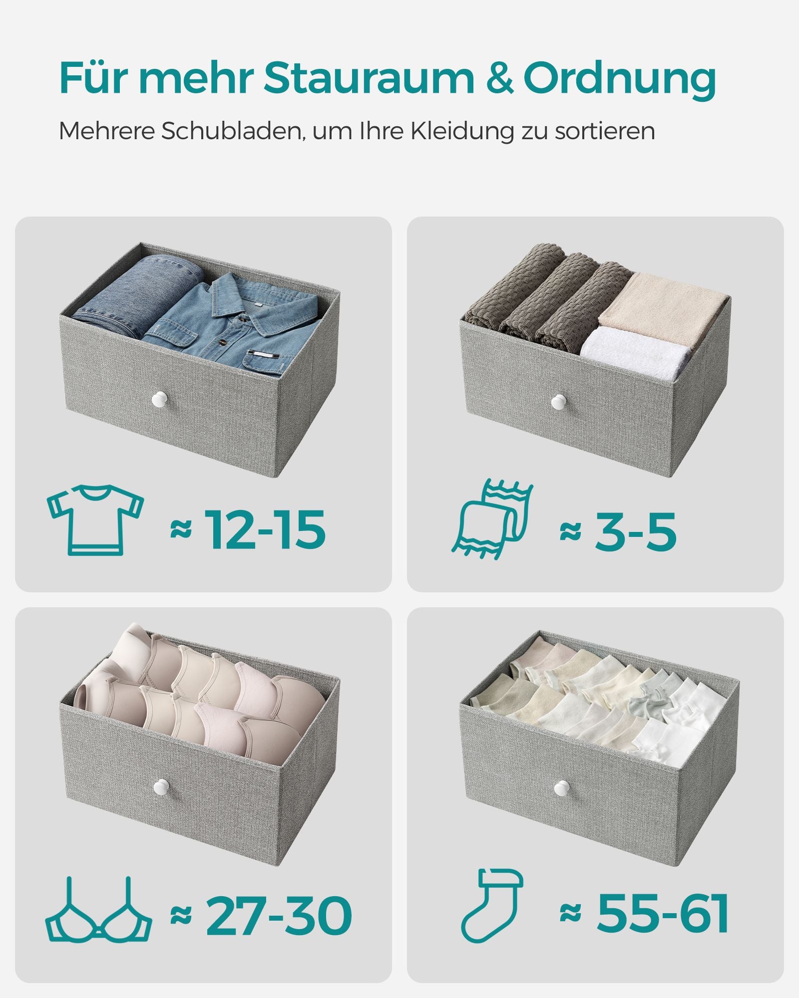 Kommode mit 4 Stoff-Schubladen und Metallrahmen hellgrau-weiß