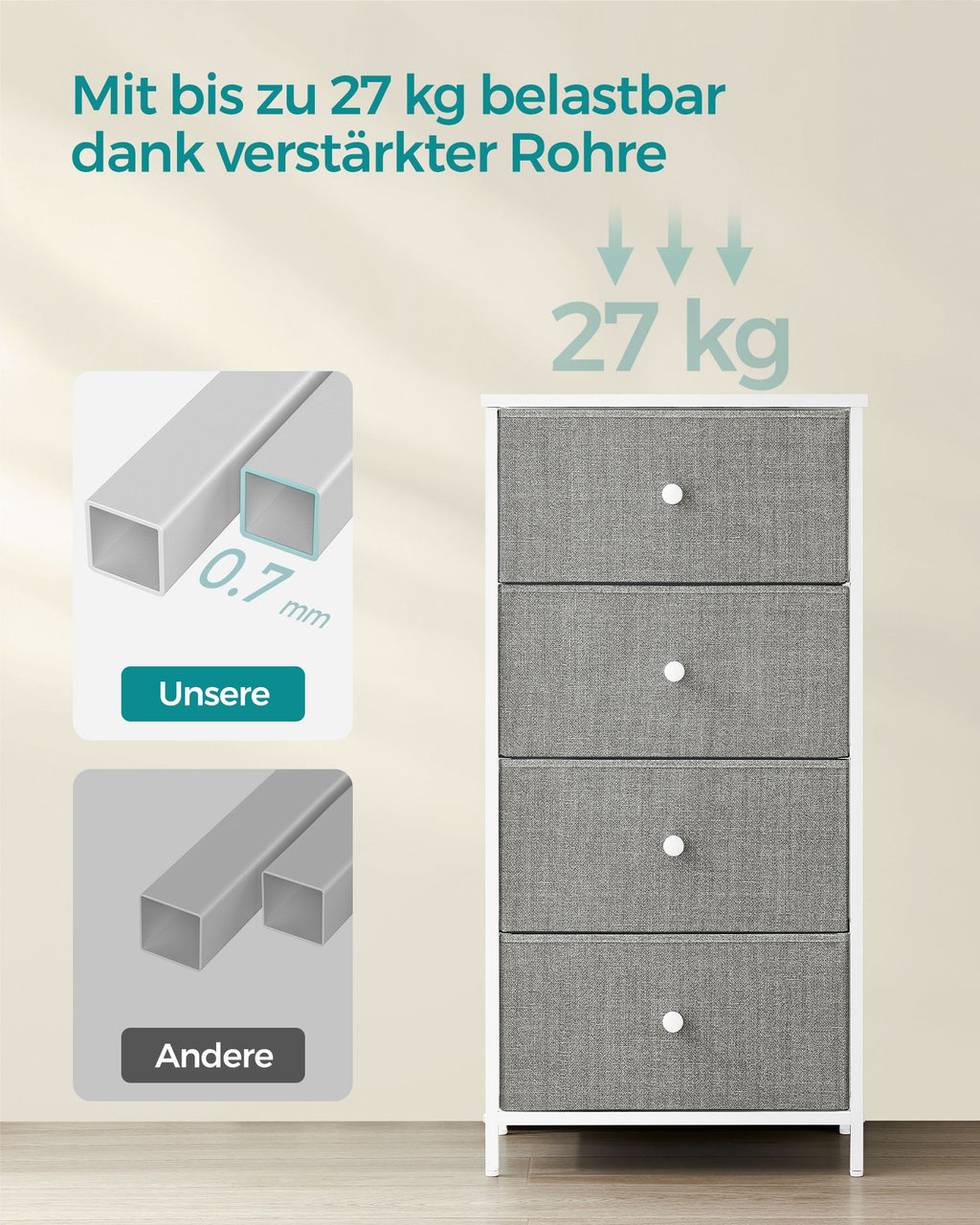Kommode mit 4 Stoff-Schubladen und Metallrahmen hellgrau-weiß