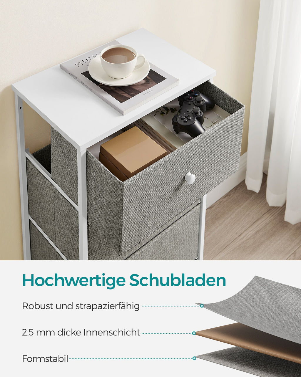 Kommode mit 4 Stoff-Schubladen und Metallrahmen hellgrau-weiß