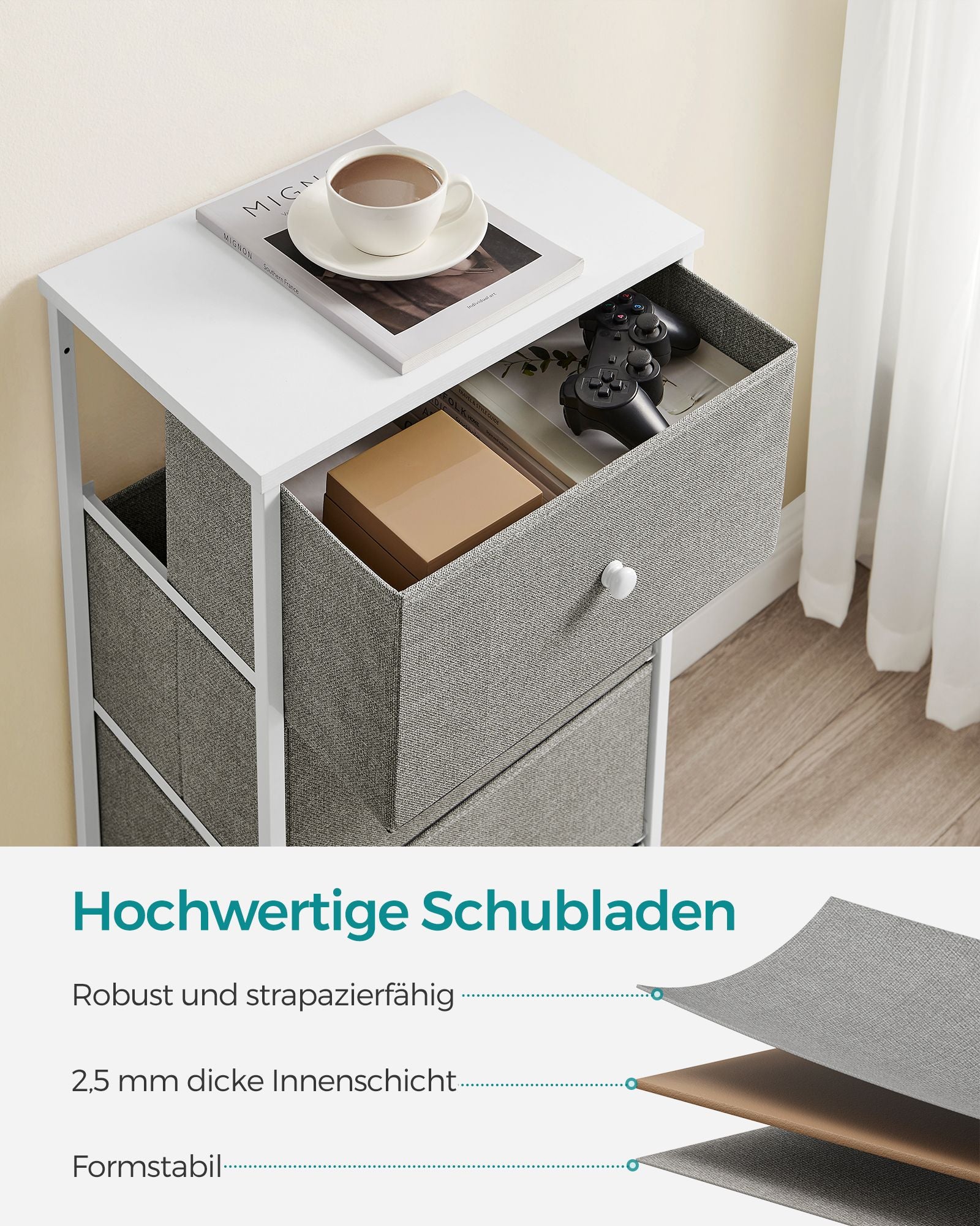 Kommode mit 4 Stoff-Schubladen und Metallrahmen hellgrau-weiß