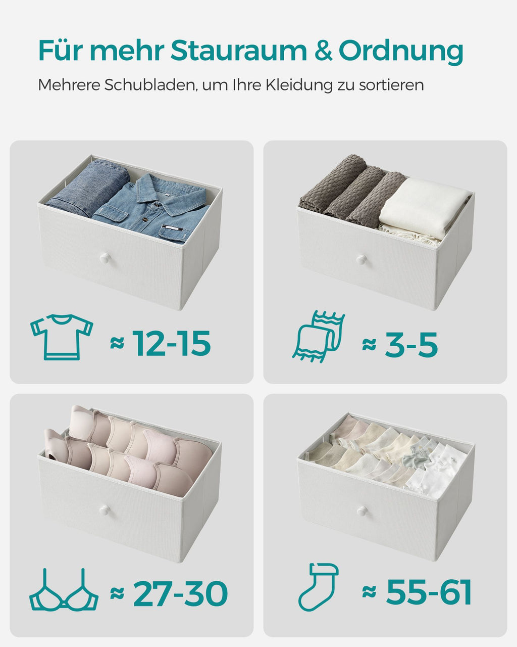 Kommode mit 4 Stoff-Schubladen und Metallrahmen weiß-eichenfarben