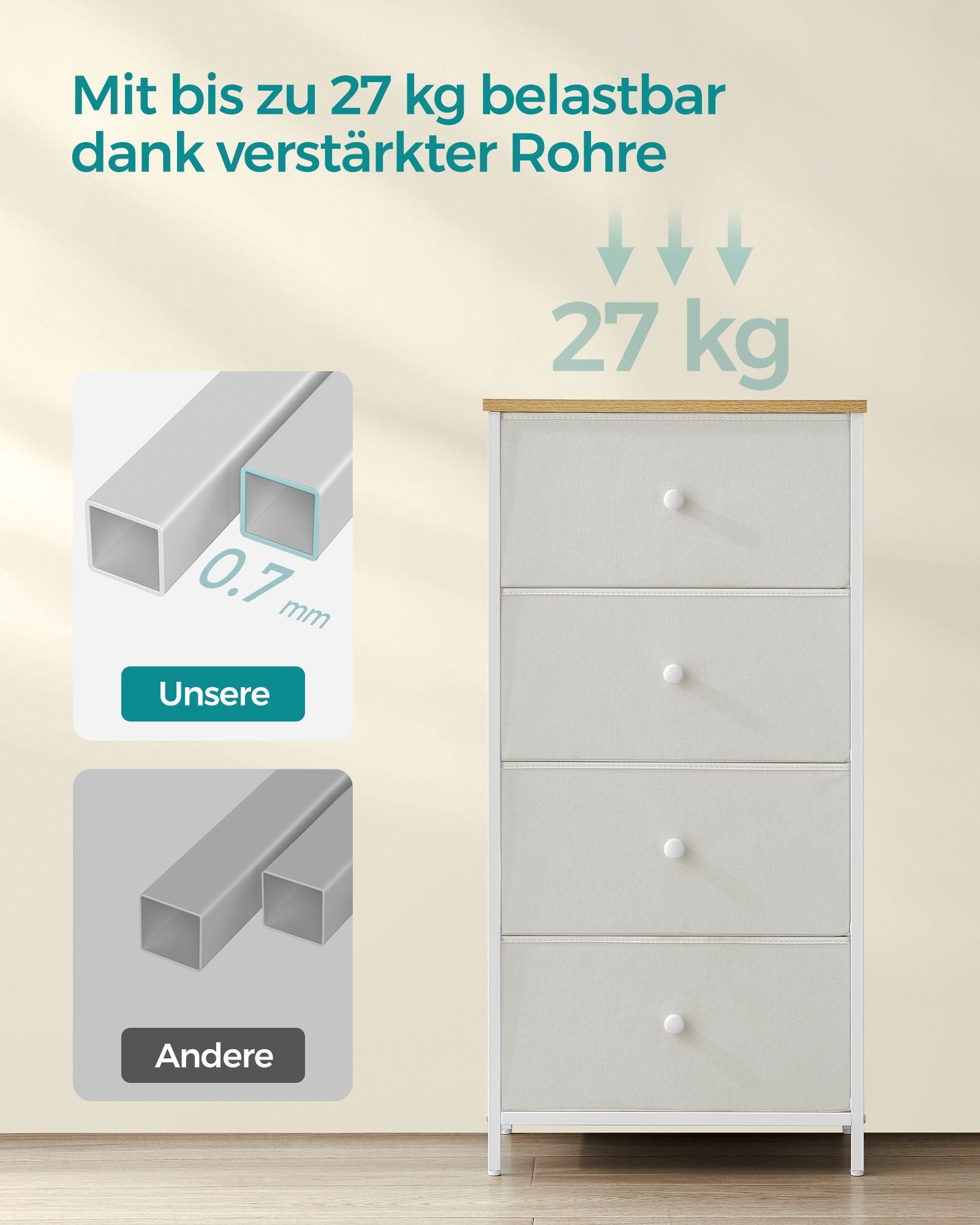 Kommode mit 4 Stoff-Schubladen und Metallrahmen weiß-eichenfarben