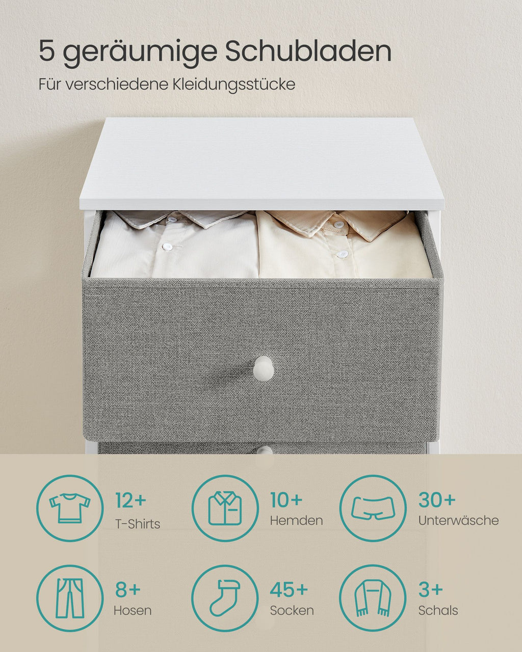 Kommode mit 5 Stoff-Schubladen schmal taubengrau-cremeweiß