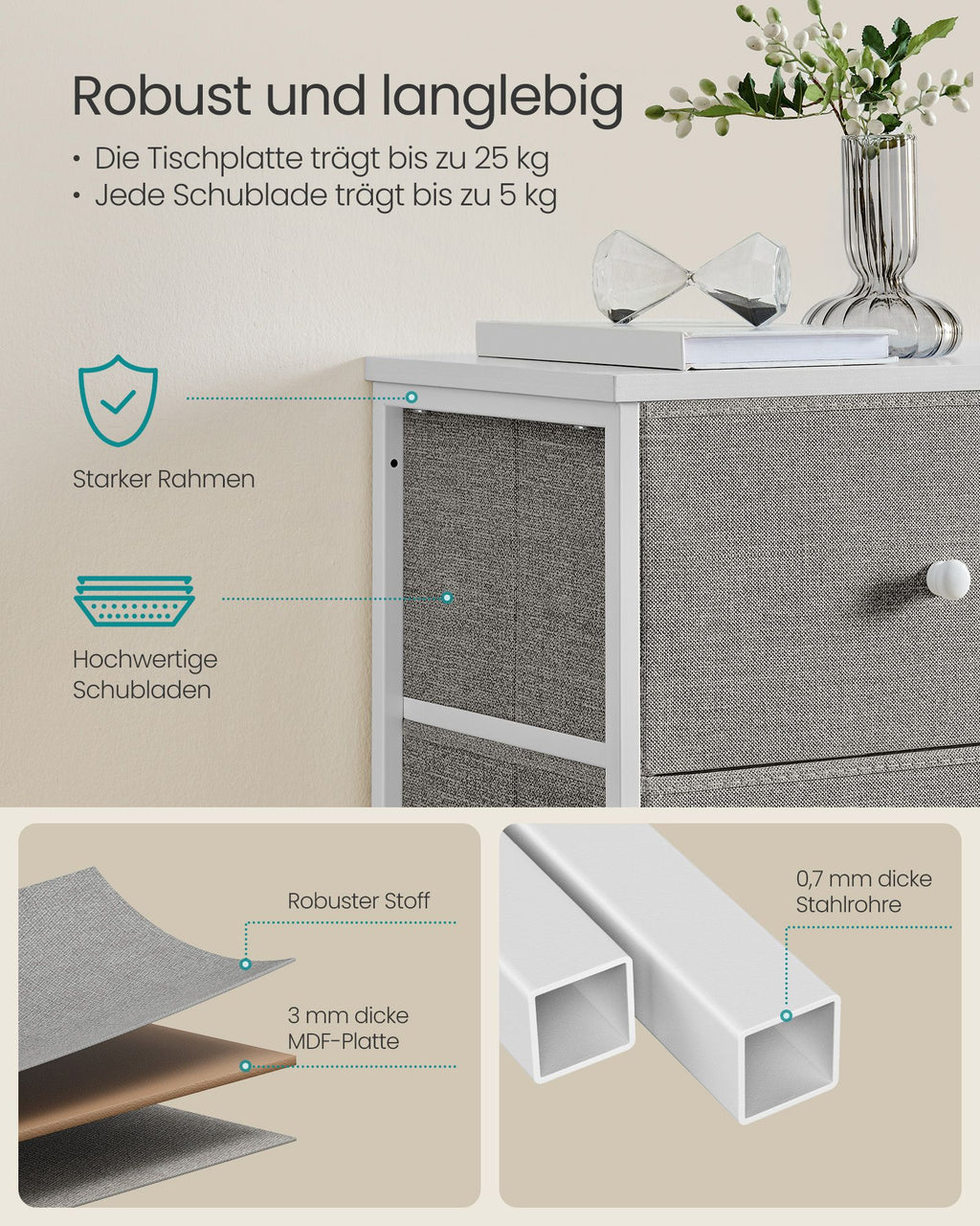 Kommode mit 5 Stoff-Schubladen schmal taubengrau-cremeweiß