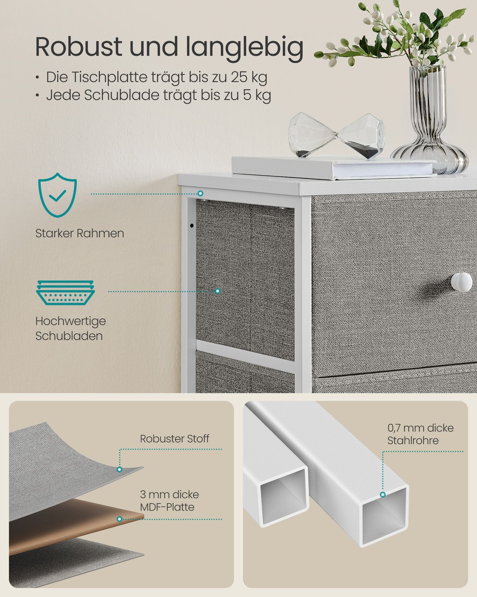 Kommode mit 5 Stoff-Schubladen schmal taubengrau-cremeweiß