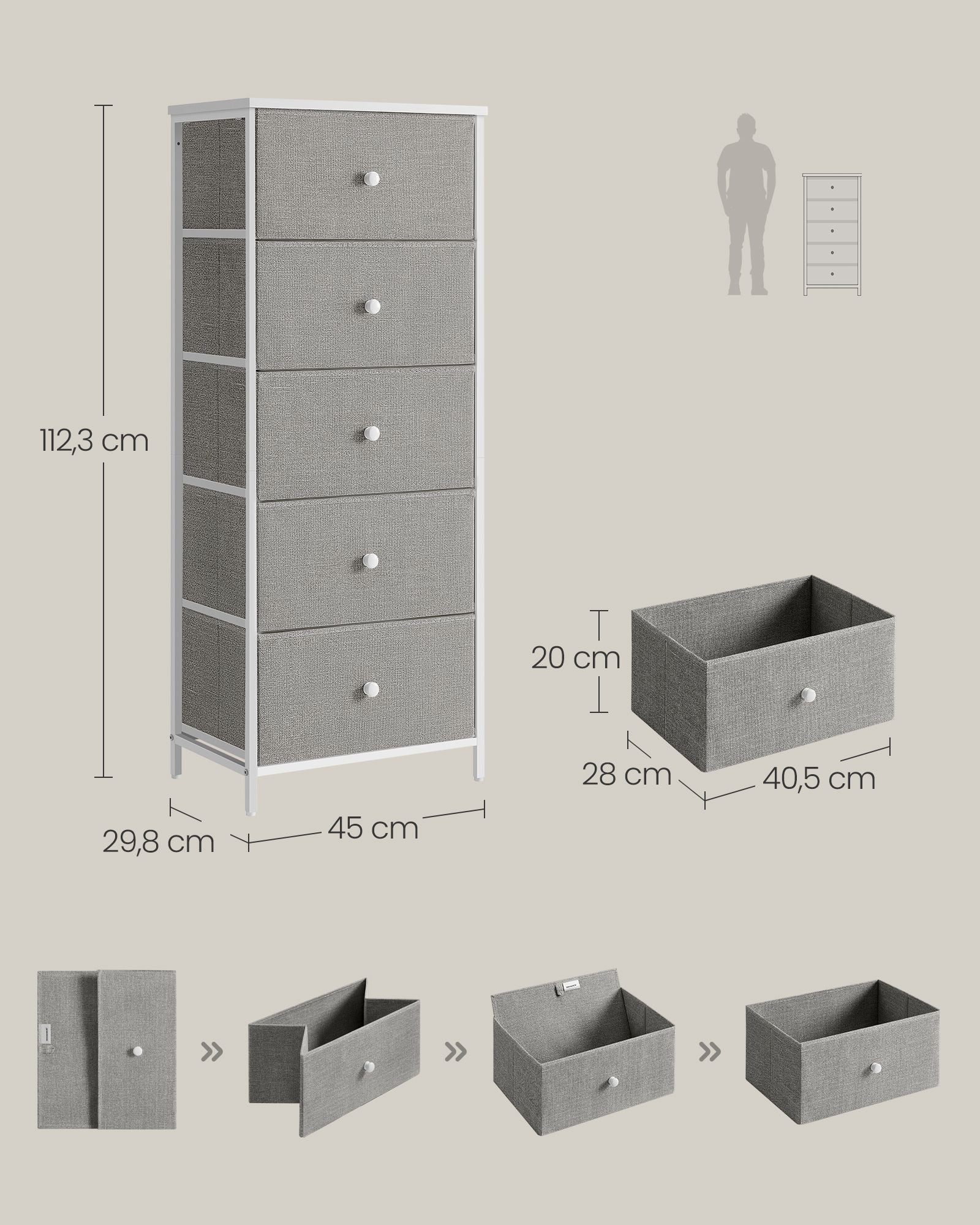Kommode mit 5 Stoff-Schubladen schmal taubengrau-cremeweiß