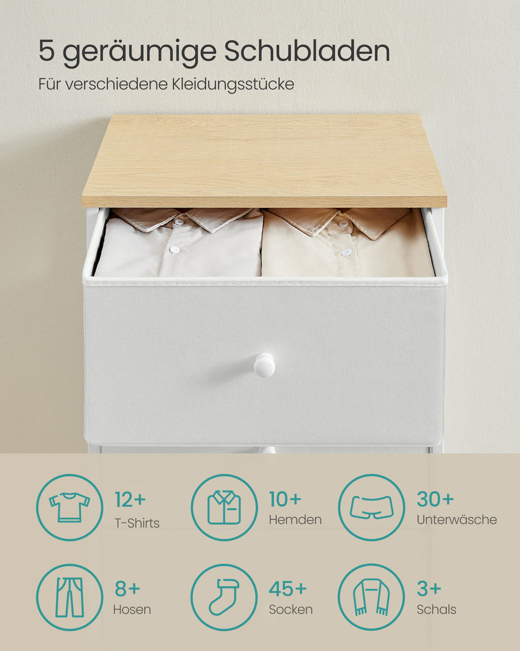 Kommode mit 5 Stoff-Schubladen schmal kamelgelb-cremeweiß