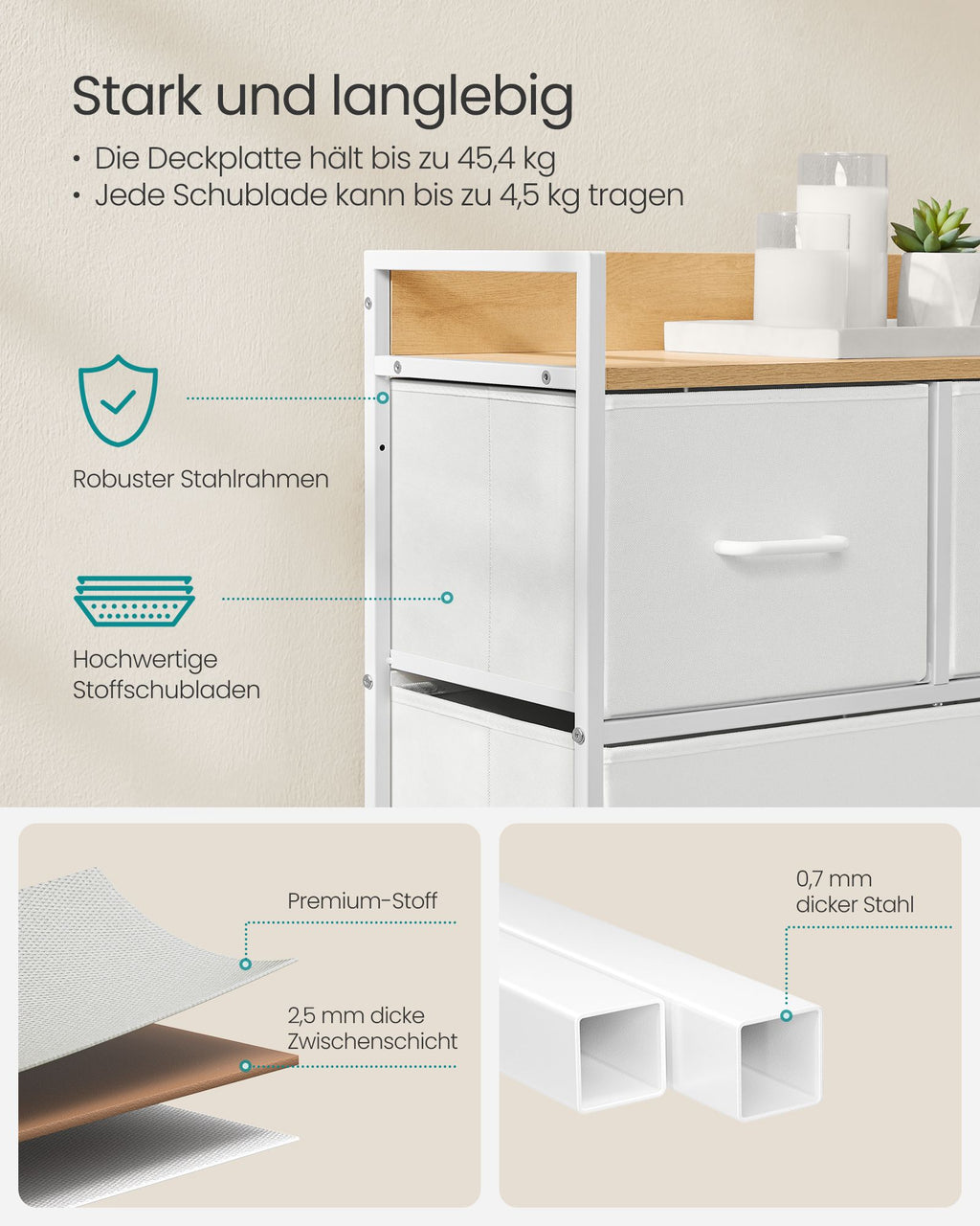 Kommode mit 5 Stoff-Schubladen wolkenweiß-eichenbeige