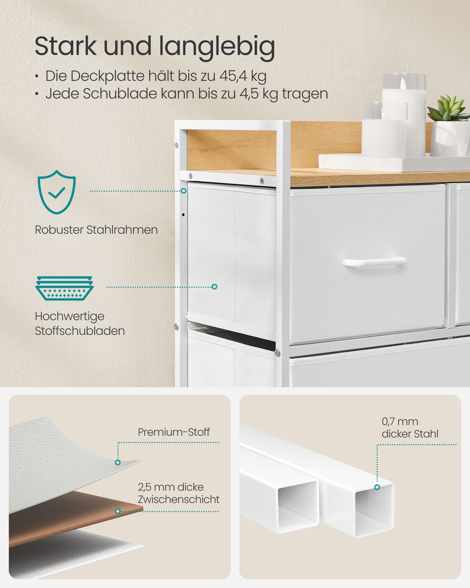 Kommode mit 5 Stoff-Schubladen wolkenweiß-eichenbeige