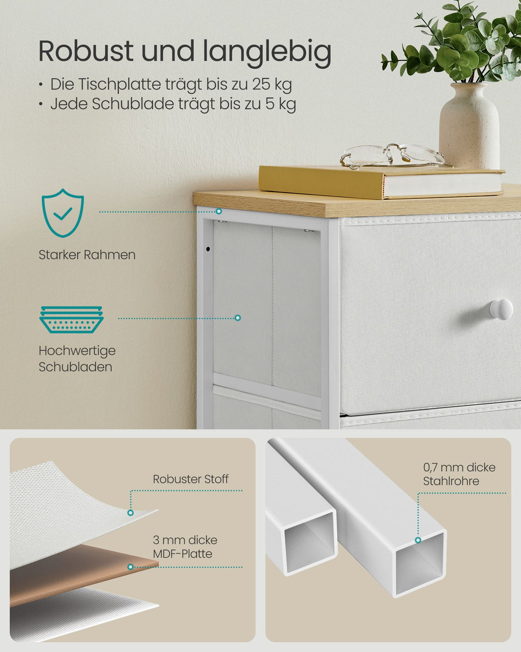 Kommode mit 5 Stoff-Schubladen schmal kamelgelb-cremeweiß