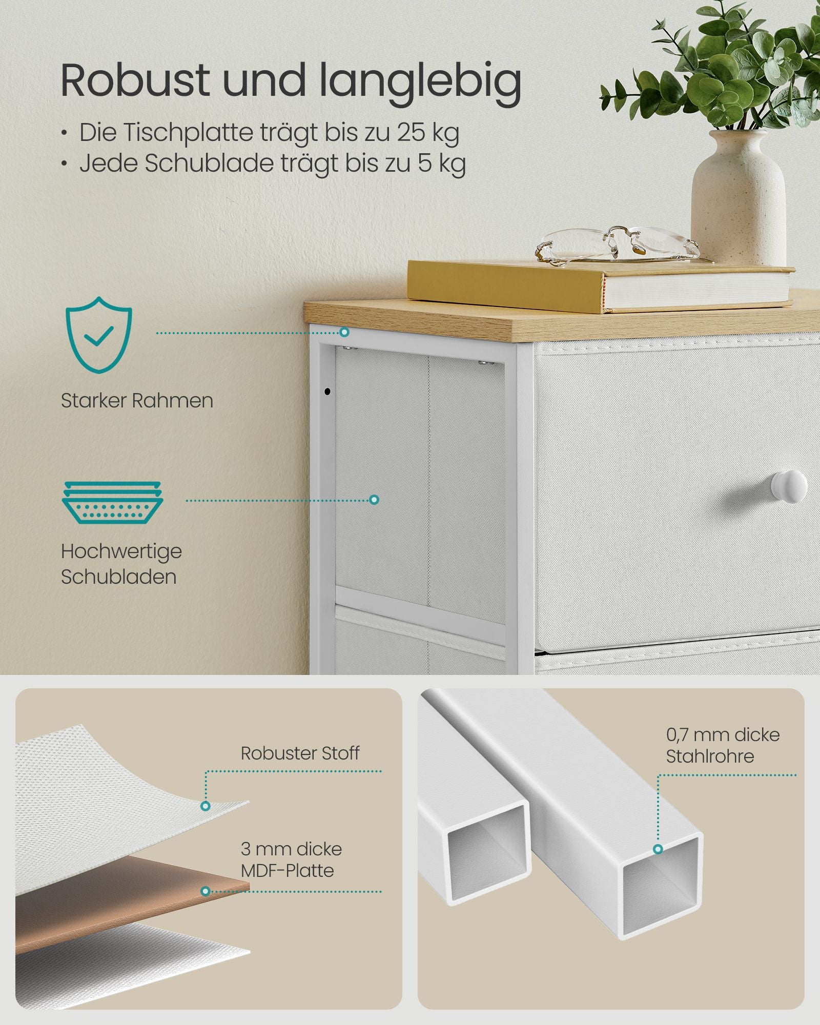 Kommode mit 5 Stoff-Schubladen schmal kamelgelb-cremeweiß
