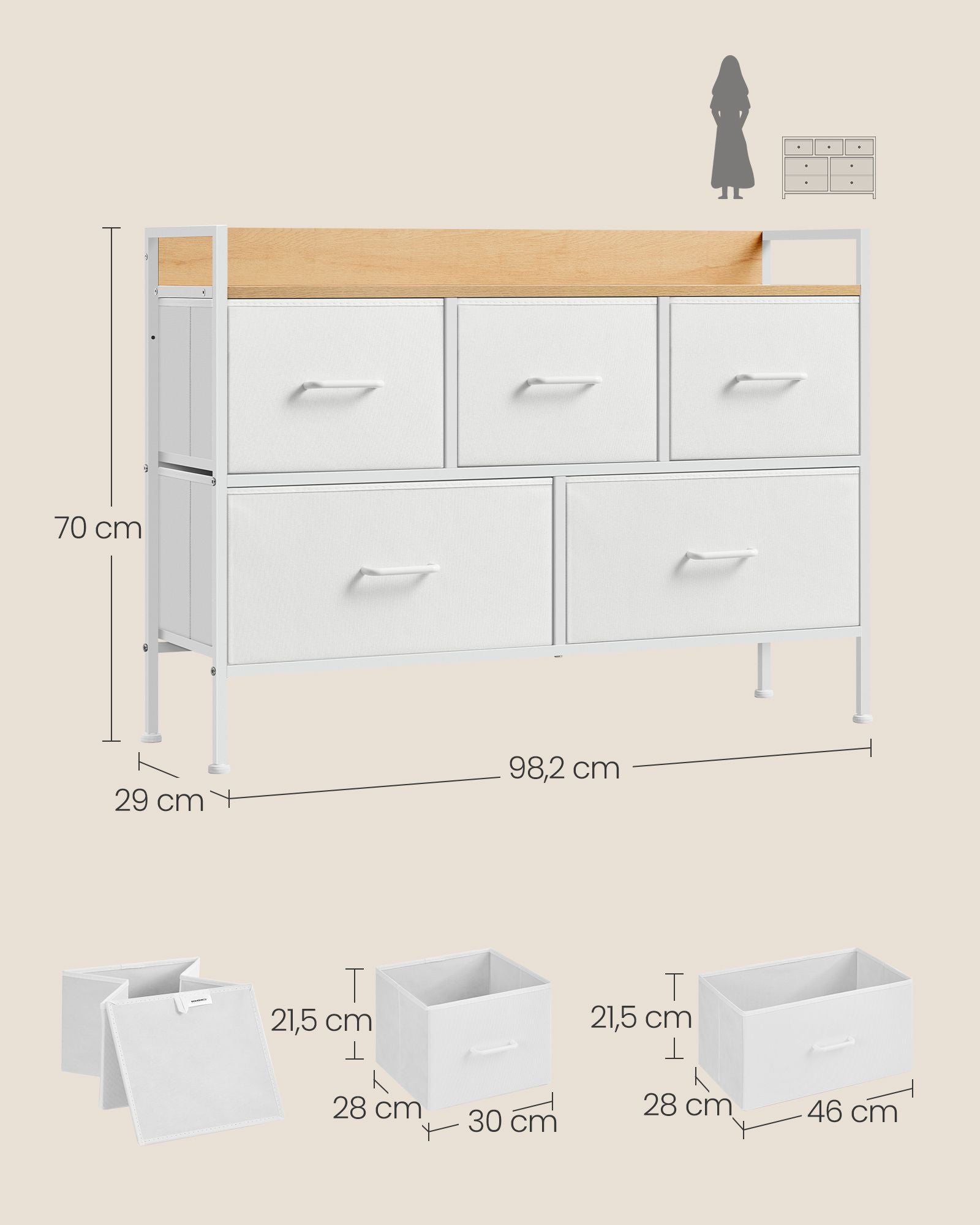 Kommode mit 5 Stoff-Schubladen wolkenweiß-eichenbeige