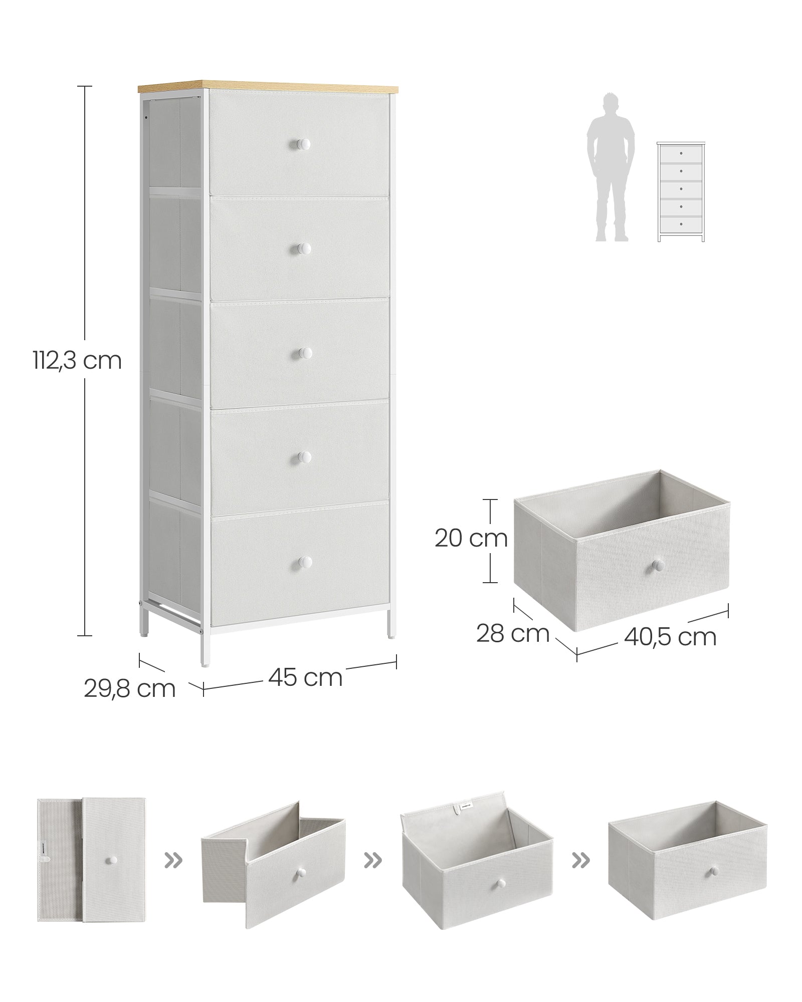Kommode mit 5 Stoff-Schubladen schmal kamelgelb-cremeweiß
