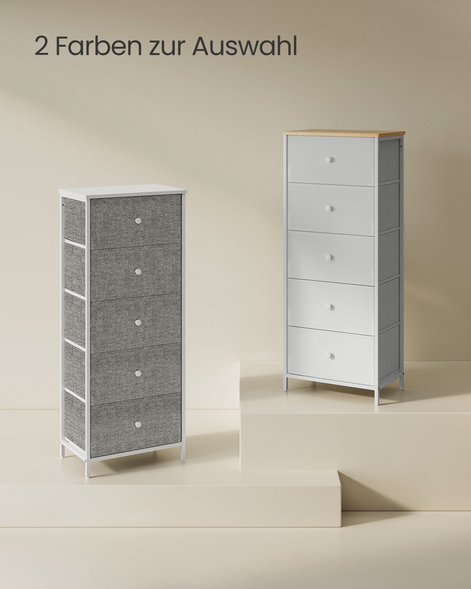 Kommode mit 5 Stoff-Schubladen schmal kamelgelb-cremeweiß