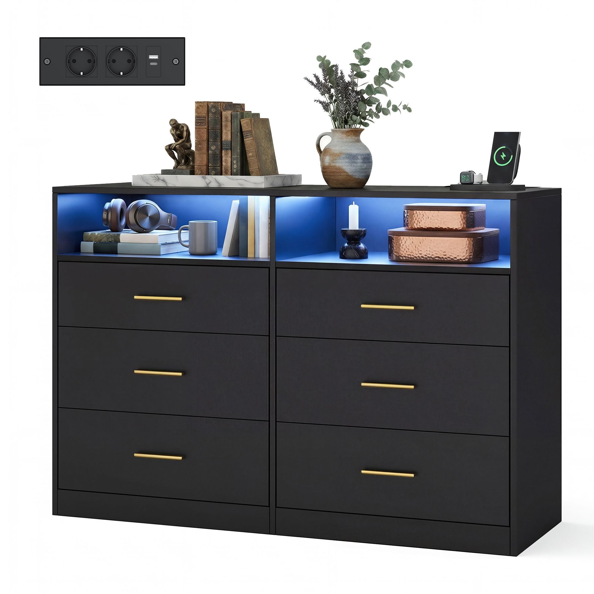 Kommode mit LED-Beleuchtung und Ladestation, 6 Schubladen, modern