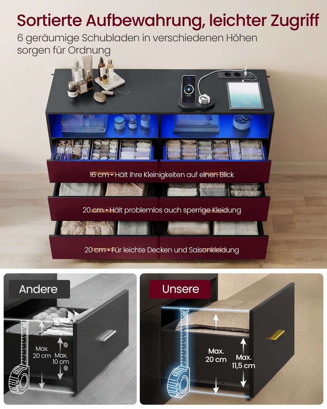 CUSTOS Kollektion - Kommode, Kommodenschrank mit LED-Beleuchtung und Steckdosenleiste