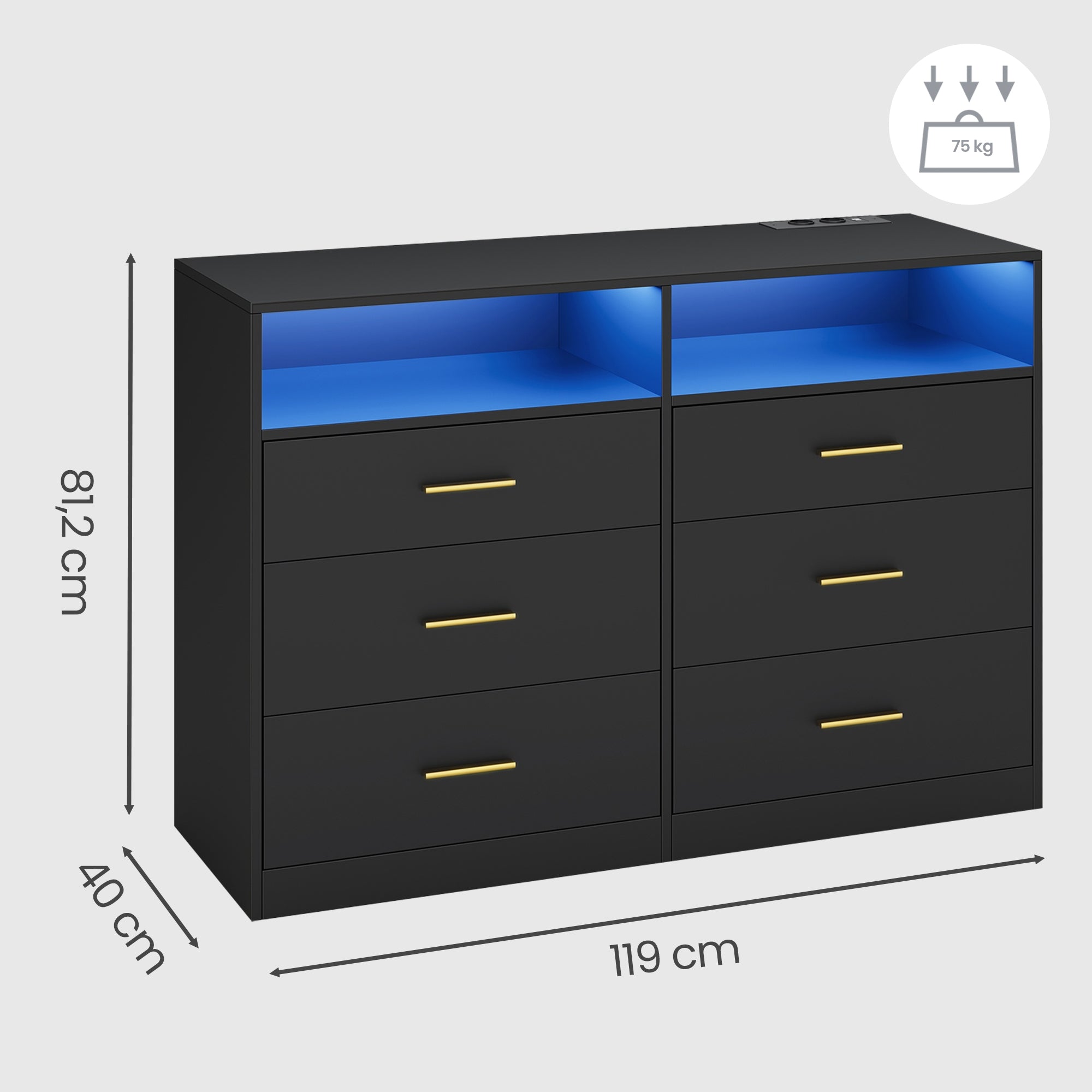 Kommode mit LED-Beleuchtung und Ladestation, 6 Schubladen, modern