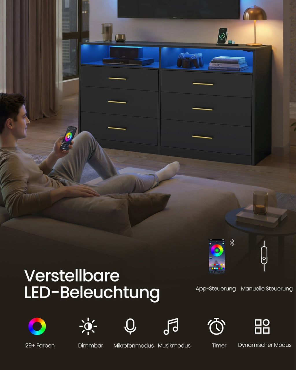 CUSTOS Kollektion - Kommode, Kommodenschrank mit LED-Beleuchtung und Steckdosenleiste