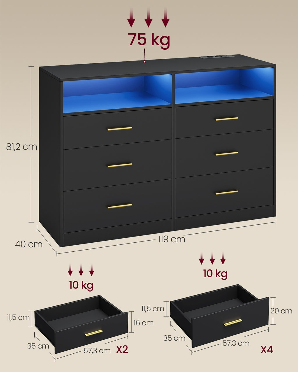 CUSTOS Kollektion - Kommode, Kommodenschrank mit LED-Beleuchtung und Steckdosenleiste