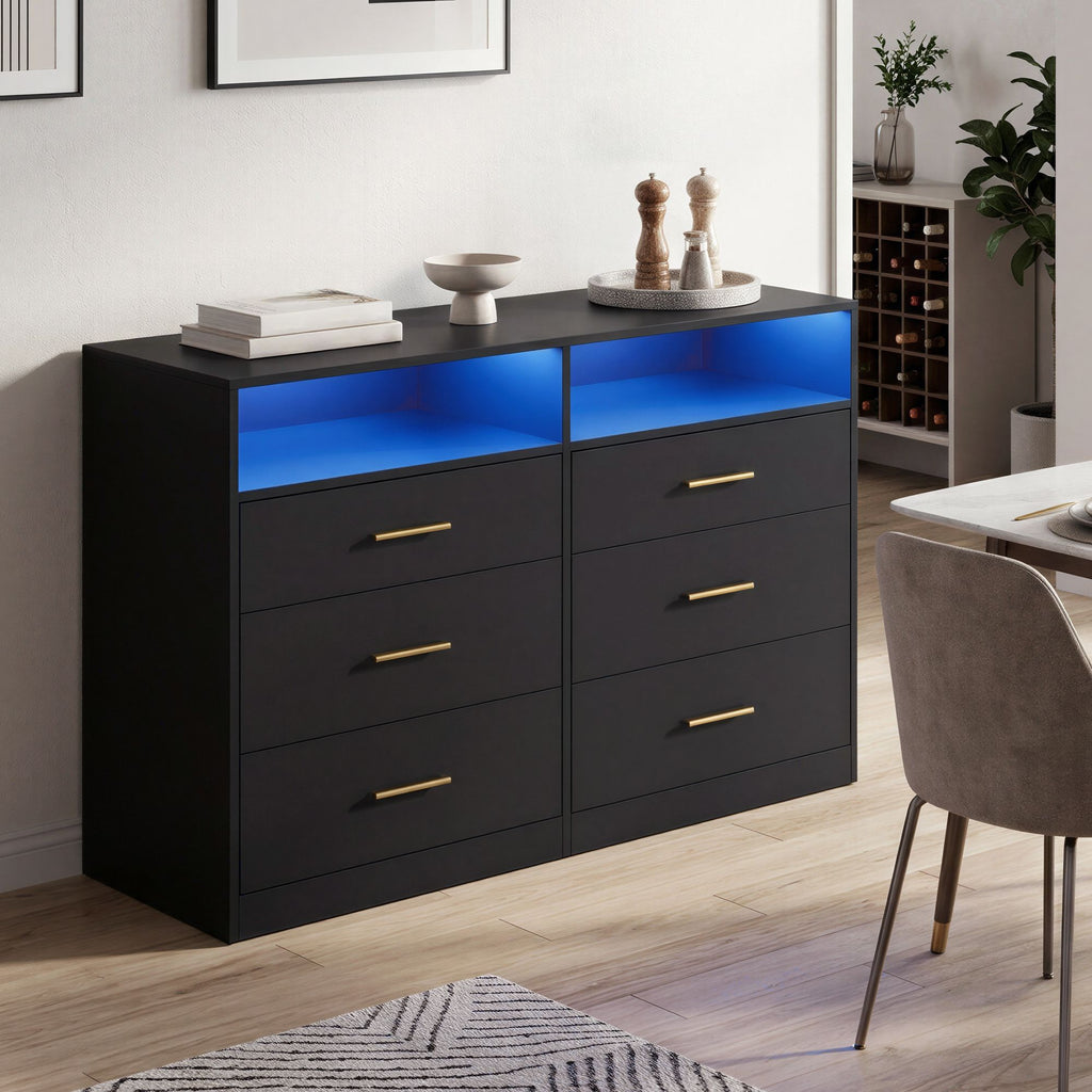 Kommode mit LED-Beleuchtung und Ladestation, 6 Schubladen, modern