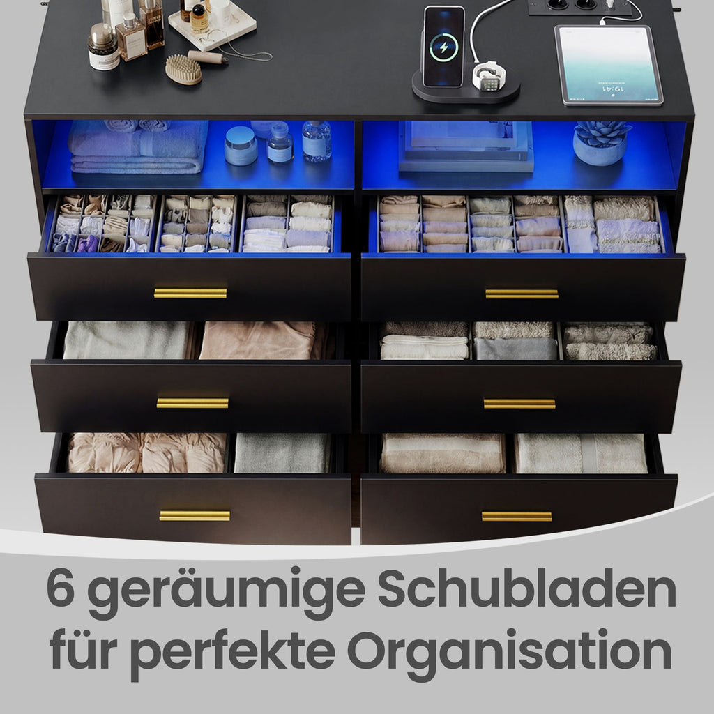 Kommode mit LED-Beleuchtung und Ladestation, 6 Schubladen, modern