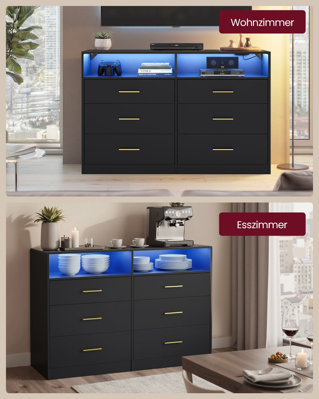 CUSTOS Kollektion - Kommode, Kommodenschrank mit LED-Beleuchtung und Steckdosenleiste