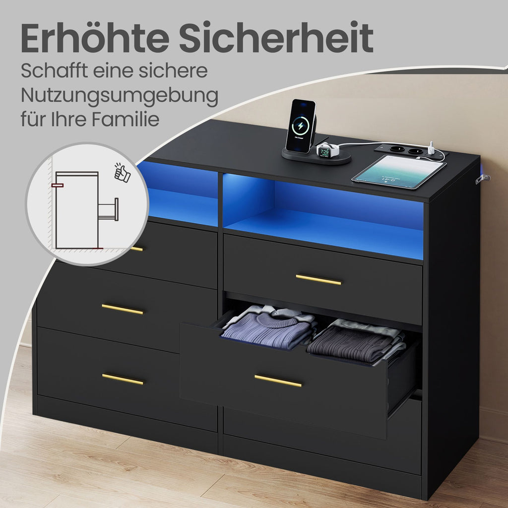 Kommode mit LED-Beleuchtung und Ladestation, 6 Schubladen, modern