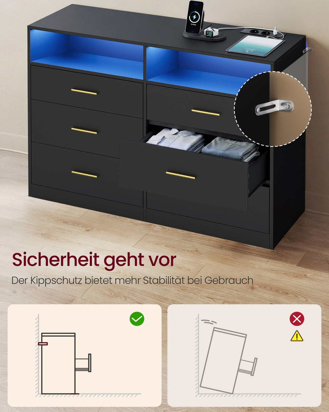 CUSTOS Kollektion - Kommode, Kommodenschrank mit LED-Beleuchtung und Steckdosenleiste