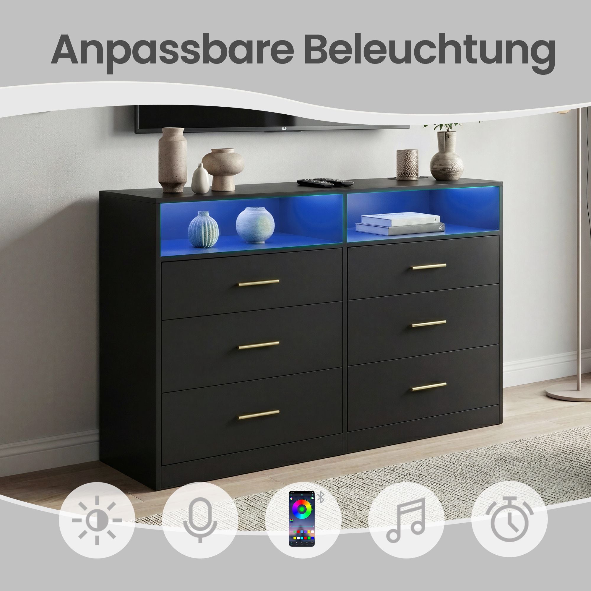 Kommode mit LED-Beleuchtung und Ladestation, 6 Schubladen, modern