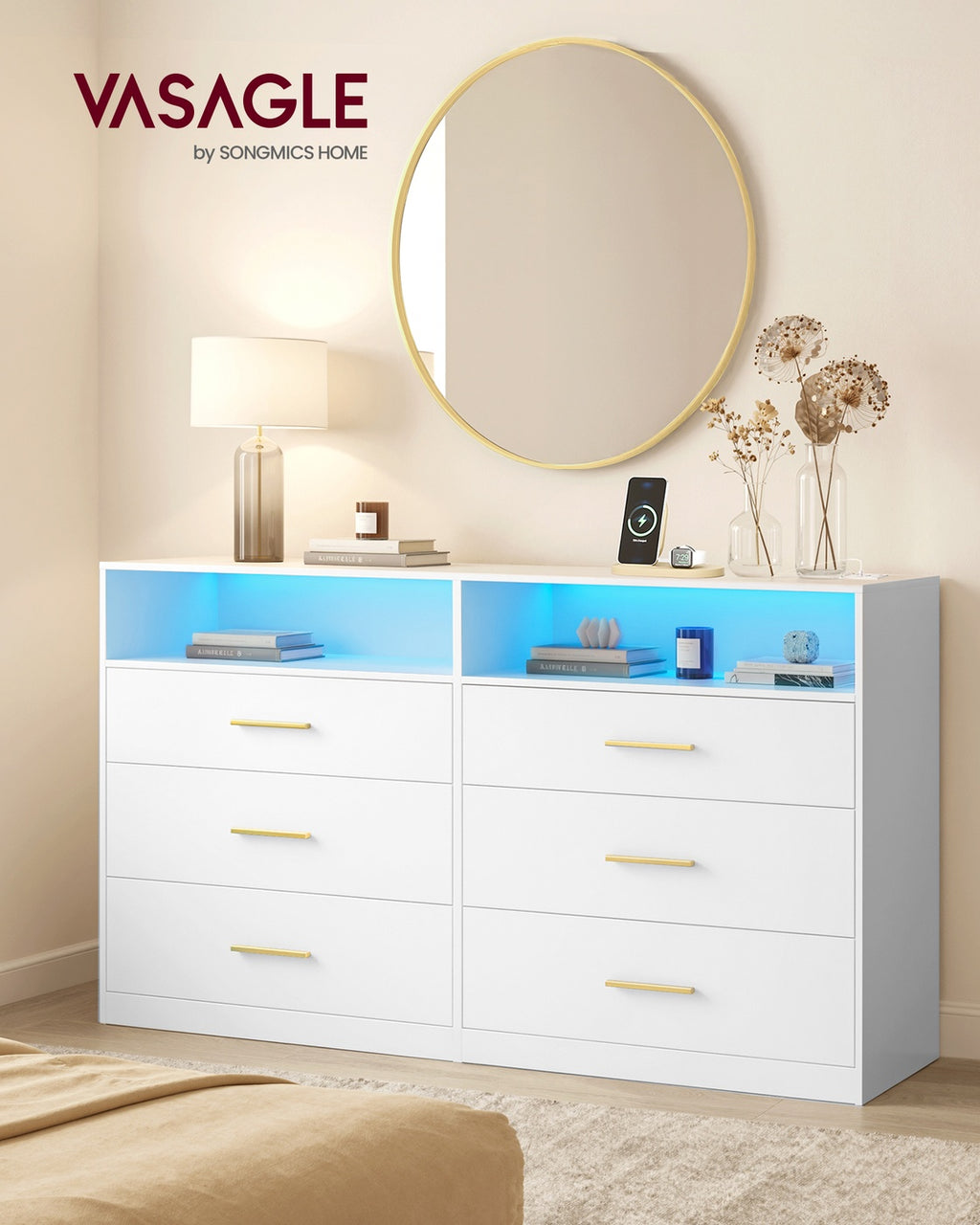 CUSTOS Kollektion - Kommode, Kommodenschrank mit LED-Beleuchtung und Steckdosenleiste
