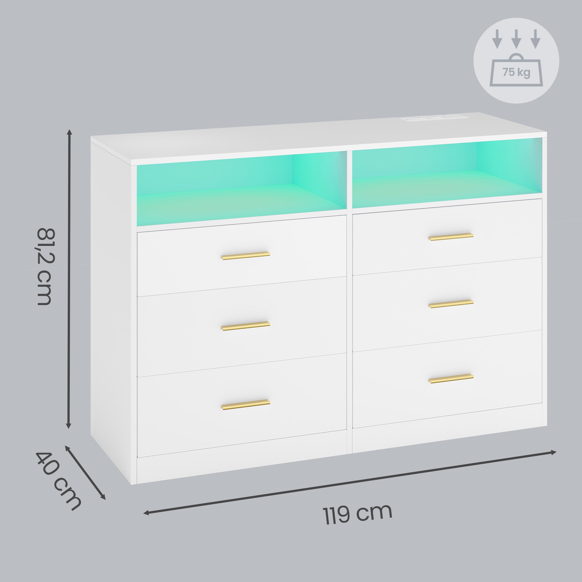 Kommode mit LED-Beleuchtung und Ladestation, 6 Schubladen, modern